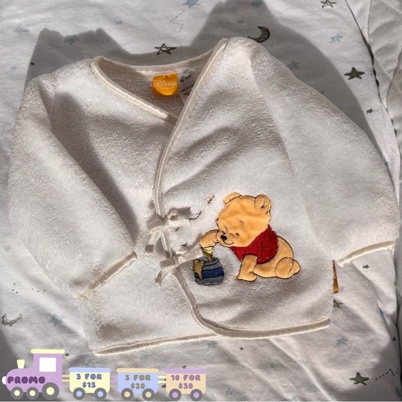 ⭒ NB Winnie the Pooh Disney Baby White Button Up Long Sleeve Fleece Bows Patch ⭒ - Picture 1 of 10
